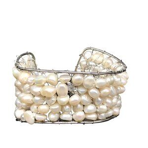 Glamorous Wide Pearl Mesh Cuff Bracelet, Silver, Wedding Jewelry, Special Occasi